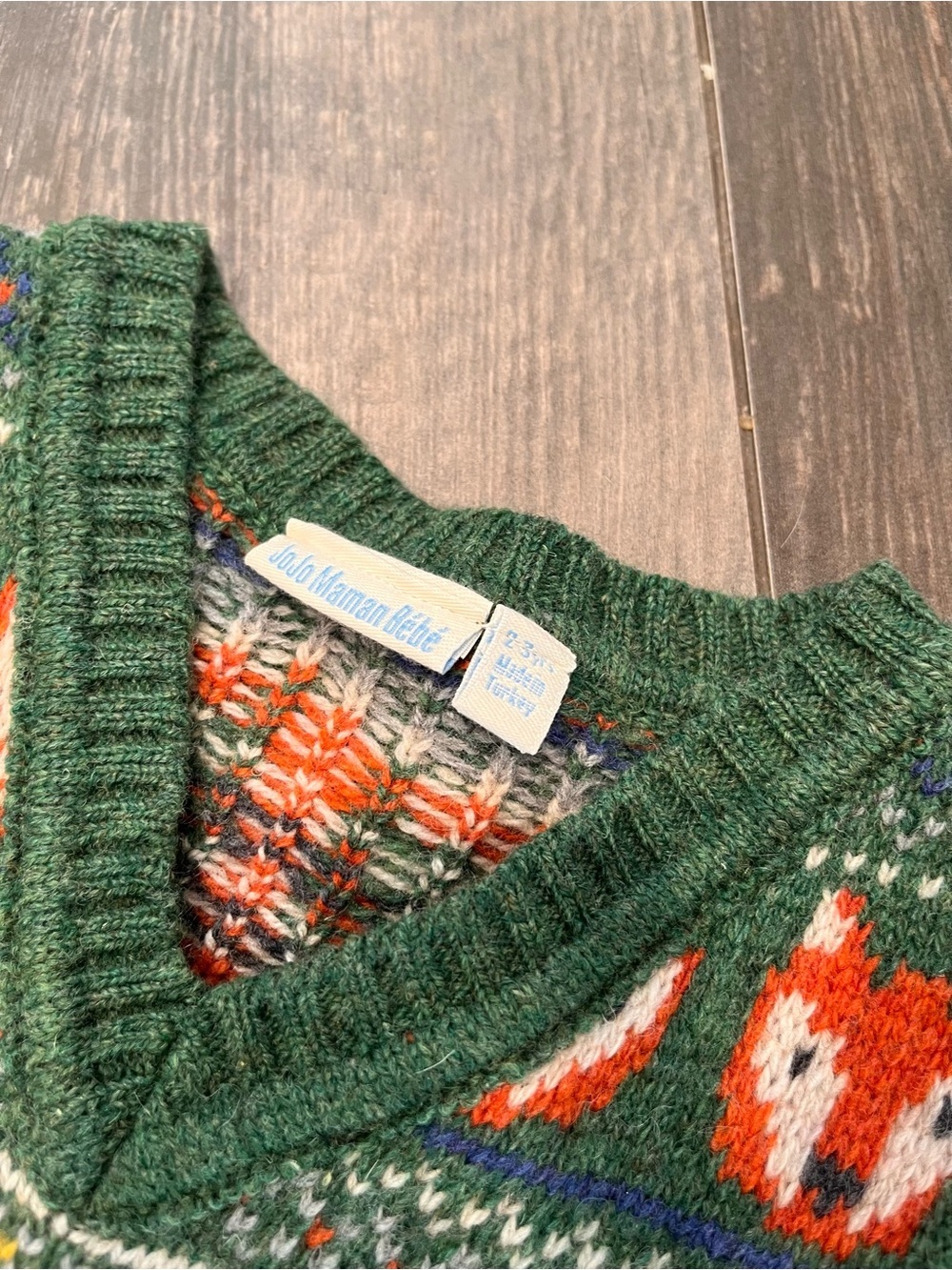 JoJo Maman Bebe Boys 2-3 Y Fair isle Green Fox Sweater Lambswool Knit Sweater - Picture 2 of 6